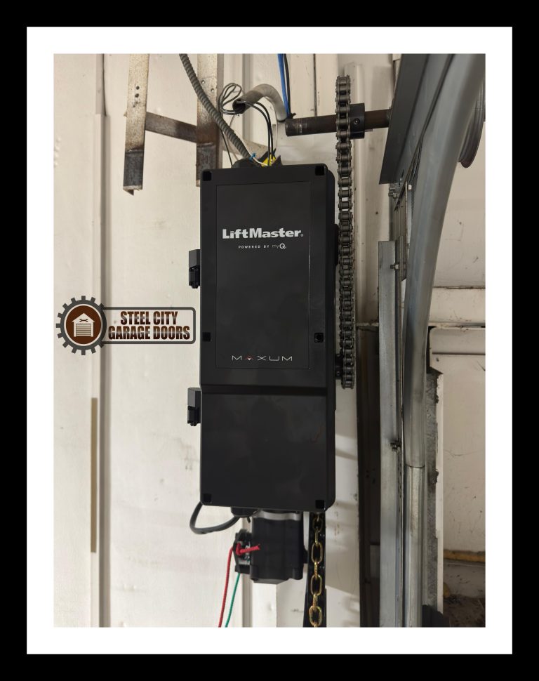 lift master commercial garage door opener installed on commercial garage door by Steel City Garage Doors